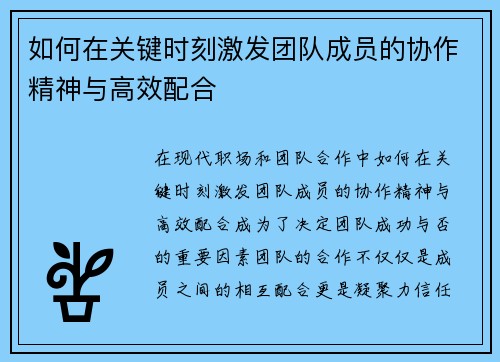 如何在关键时刻激发团队成员的协作精神与高效配合