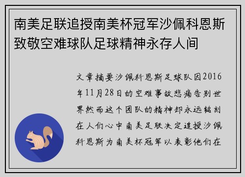 南美足联追授南美杯冠军沙佩科恩斯致敬空难球队足球精神永存人间