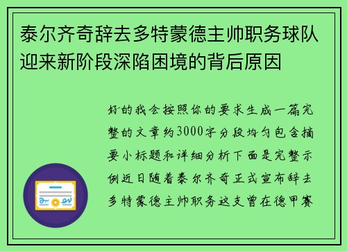 泰尔齐奇辞去多特蒙德主帅职务球队迎来新阶段深陷困境的背后原因 泰尔齐奇辞去多特蒙德主帅职务球队迎来新阶段深陷困境的背后原因
